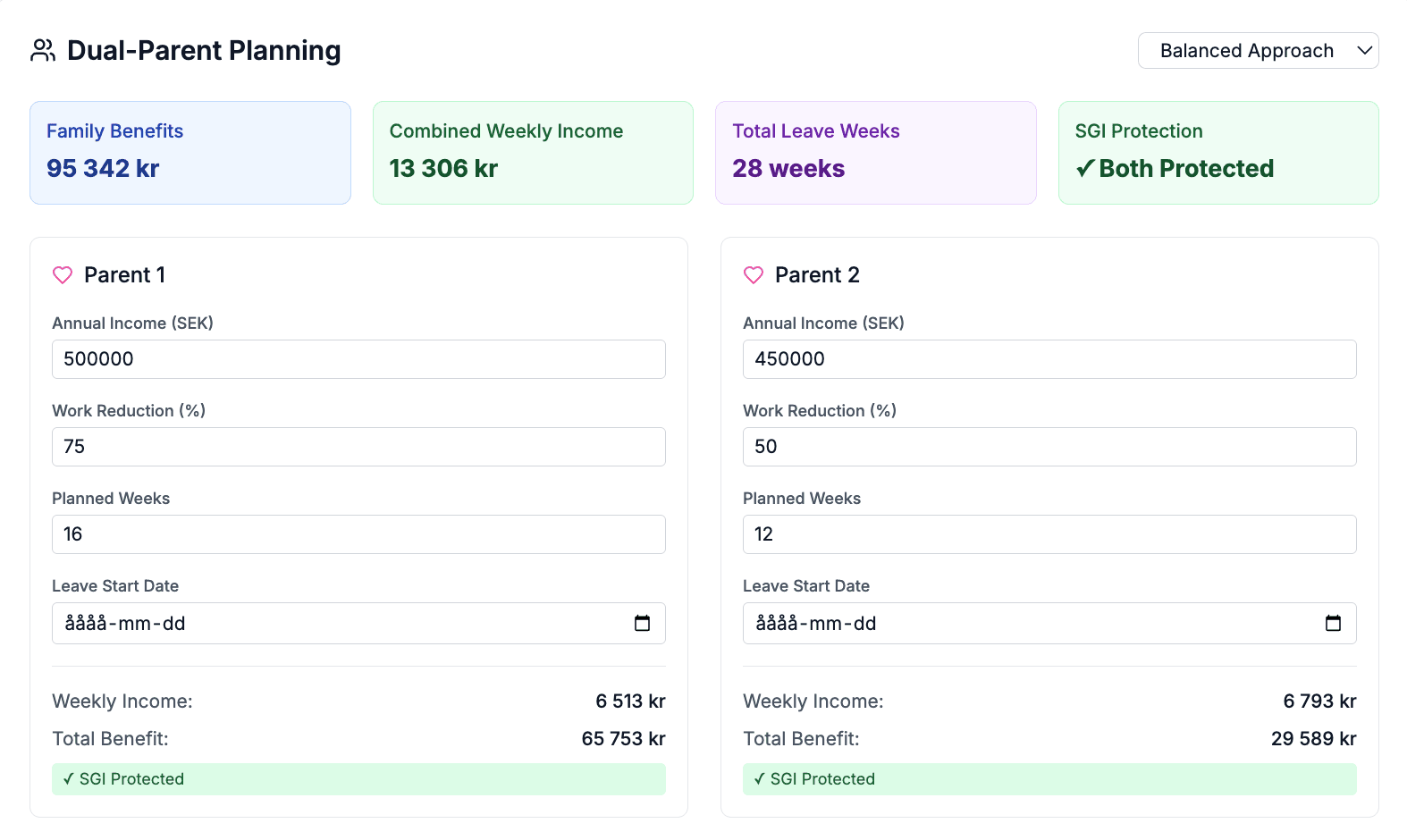 Föräldrapenning kalkylator skärmbild - Beräkna SGI och dagersättning